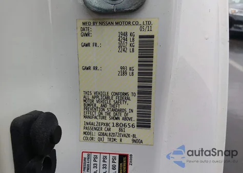 2011 Nissan Altima 2.5 S z USA, uszkodzony, nr VIN 1N4AL2EPXBC180656